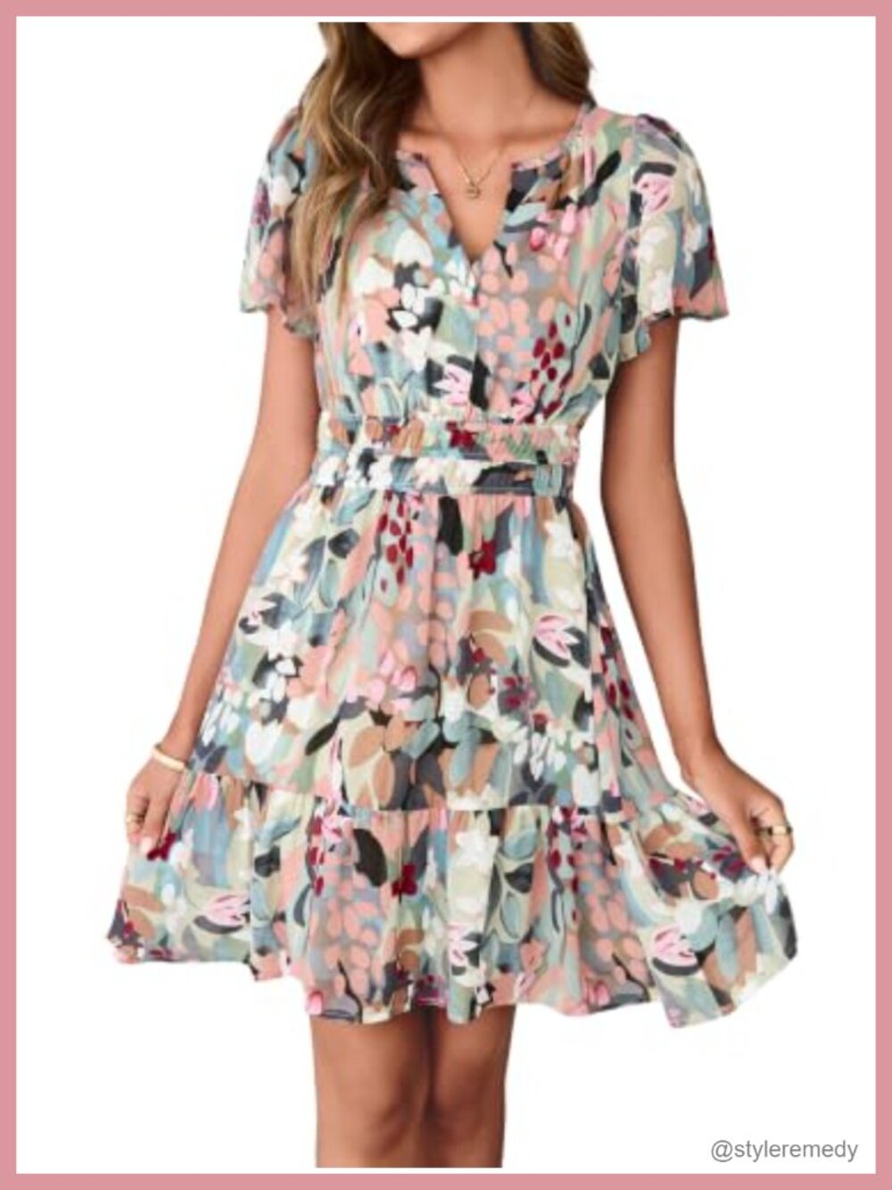 Simplee Women Floral Chiffon A-Line Mini Dress V-Neck Short Sleeve